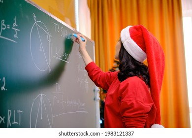 Geometry Female Teacher Explaining Math Subject In Front Of Blackboard. SAT Subject, ACT Standard Test Preparation. Female Professor Explaining Geometrical Theorem.