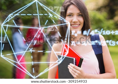 geometry problem against pretty student smiling at camera outside on campus