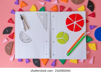 Geometry Set on open notebook.  Compass Drawing Tool, ruler, pencils, multicolored fractions for mathematical education. Math Drafting Dividers Tool, set for school, study. Back to school concept