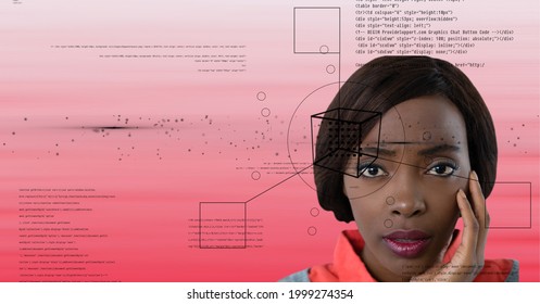 Geometry shapes and data processing over portrait of businesswoman against pink gradient background. computer interface and business technology concept