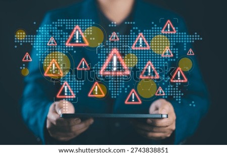Geopolitical risks and global instability concept with businessperson holding world map and warning icons, assessing impact of international conflict, trade wars, and economic uncertainty.