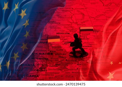 Geopolitical Tensions Illustrated: Russia-Ukraine Conflict with EU and China Flags Overlay. - Powered by Shutterstock