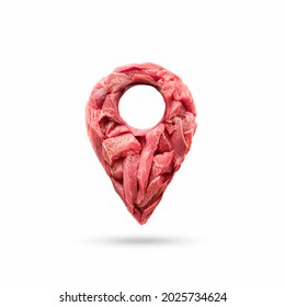 geoposition pointer made of fresh natural meat, isolate on a white background. the location of the butcher shop on the ground. butcher's shop, slaughterhouse, farm and factory of meat products - Shutterstock ID 2025734624