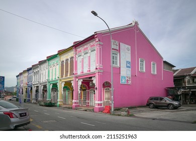 George Town, Penang, Malaysia - Jan 3rd 2022: Row of colorful heritage houses in George Town, Penang.