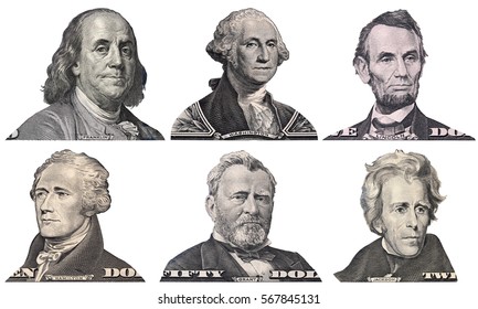 George Washington, Benjamin Franklin, Abraham Lincoln, Alexander Hamilton, Andrew Jackson, Ulysses Grant Faces From US Dollar Bills Isolated, United States Presidents, Money Closeup