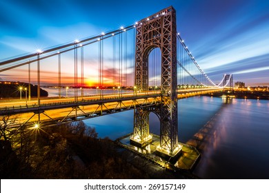 George Washington Bridge at sunrise in Fort Lee, NJ. George Washington Bridge is a suspension bridge spanning the Hudson River connecting NJ to Manhattan, NY. - Shutterstock ID 269157149