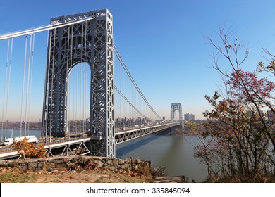From the George Washington Bridge's New Jersey Side Steel Tower Looking Over Hudson River to New York City - Shutterstock ID 335845094