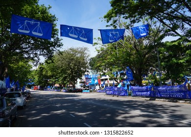 GeorgeTown, Penang - April 29, 2018 : Flags View Of Barisan Nasional And Pakatan Harapan Indicating Malaysia 14th General Election
