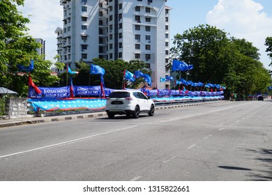 GeorgeTown, Penang - April 29, 2018 : Flags View Of Barisan Nasional And Pakatan Harapan Indicating Malaysia 14th General Election
