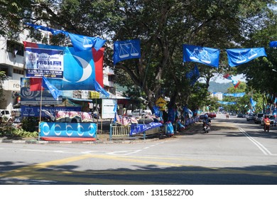 GeorgeTown, Penang - April 29, 2018 : Flags View Of Barisan Nasional And Pakatan Harapan Indicating Malaysia 14th General Election
