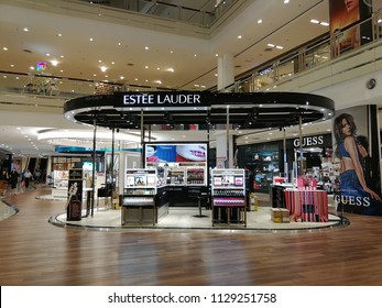 Georgetown Penang, Malaysia. July 6, 2018. Estee Lauder Pop Up Store In The Open Concourse Area Of The Queensbay Mall Shopping Complex.