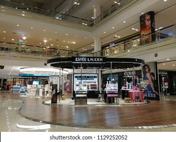 Georgetown Penang, Malaysia. July 6, 2018. Estee Lauder Pop Up Store In The Open Concourse Area Of The Queensbay Mall Shopping Complex.