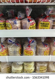 Georgetown, Penang, Malaysia. March 30, 2018. Factory Processed Azmy  Burger Meat In Beef (top) And Chicken (middle) Flavor, And Tesco's Own House Brand At The Bottom.