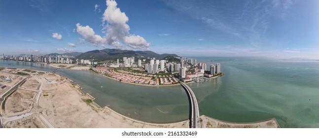 Georgetown, Penang Malaysia - May 20, 2022: The Straits Quay, Landmark Buildings And Villages Along Its Surrounding Beaches