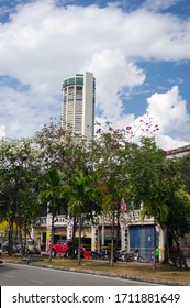 Georgetown, Penang/Malaysia - Feb 14 2020: Penang Old Street With Background KOMTAR Building.