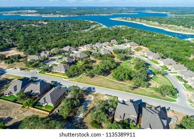 Georgetown , Texas Aerial Drone View Above Suburb Development With Amazing View Of Georgetown Lake And Surround Texas Hill Country With Homes And Houses