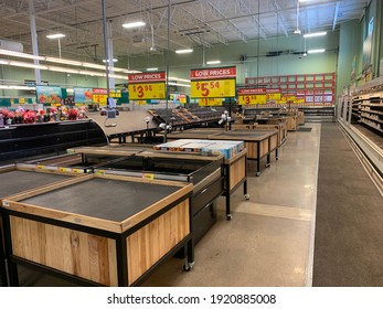 Georgetown, Texas - February 19: View Of Empty Shelves Inside Of HEB Grocery Store After The Blizzard Of 2021