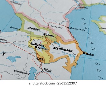 Georgia, Armenia, Azerbaijan, a map from a world atlas, suitable to illustrate travel destinations and tourism themes, world politics, trade and economy