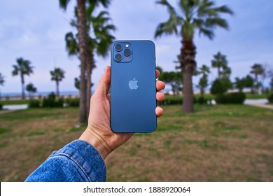 Georgia, Batumi - 4 January, 2020. Newest Apple IPhone 12 Pacific Blue Color In Hand