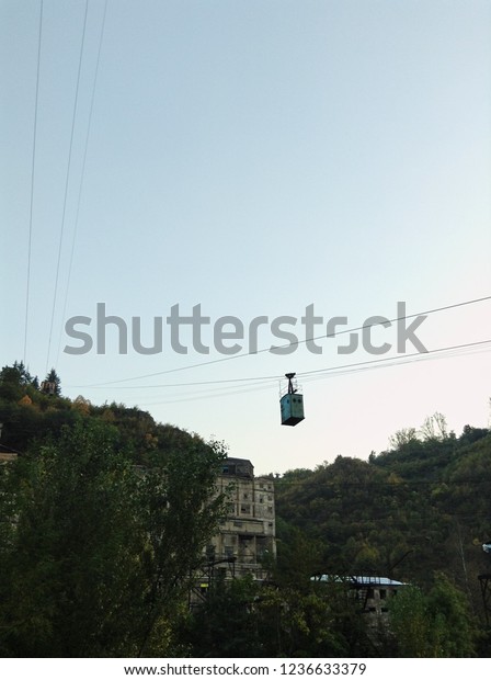 Georgia,\
cable car city Chiatura the old blue cable\
car