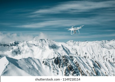 georgia, gudauri - February 28, 2018 dji phantom 4, flight in the winter mountains, the smartest flying camera