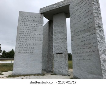 Georgia Guidestones in Elberton, Georgia, October 15, 2020. 8 different translations of the same text. Before bombing. America's Stonehenge