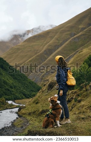 Georgia, Kazbegi region. Tourist route to the Truso Valley, Caucasus mountains. The girl is traveling with a dog and a small backpack. A nomad woman with an Australian shepherd went hiking