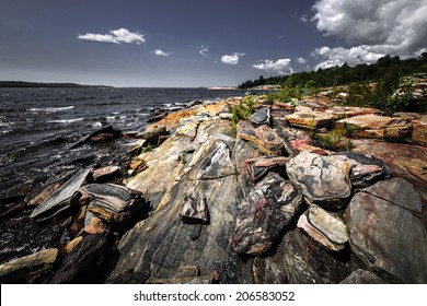 Georgian Bay Landscape With Rugged Rocky Lake Shore Near Parry Sound, Ontario, Canada.