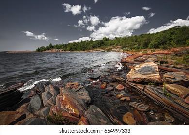 Georgian Bay Landscape With Rugged Rocky Lake Shore Near Parry Sound, Ontario, Canada.