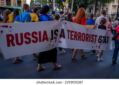 Georgia,Tbilisi, August 24,2022, Action Against The War In Ukraine And Ukraine Independence Day.Crowd Of People At The March. Inscription Is 