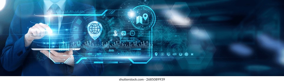 Geospatial Analyst - Cartographer using tablet analyzing GIS LiDAR point clouds and demographic overlay trends, real-time satellite imagery change detection. Spatial autocorrelation models.