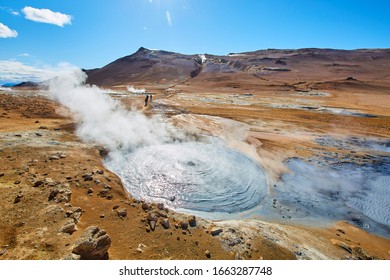 The Námafjall Geothermal Area is located in Northeast Iceland, on the east side of Lake Mývatn. At this area, also known as Hverir,are many smoking fumaroles, boiling mud pots and sulphur crystals.