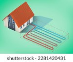 Geothermal heating and cooling system linear with ground horizontal collector - sustainable buildings conditioning concept 