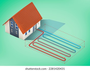 Geothermal heating and cooling system linear with ground horizontal collector - sustainable buildings conditioning concept 