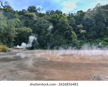 Geothermal Mud Pool with Steam – Hot Bubbling Geothermal Manifestation. A geothermal mud pool emitting steam from its surface, indicating high temperature activity below.