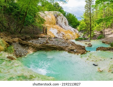 Geothermal Pool And Hot Spring In Tuscany, Italy. Bagni San Filippo Natural Thermal Waterfall In The Morning With No People. The White Whale Amidst Forest.