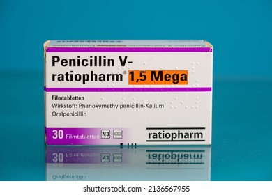 Gera, Germany - MAR 17, 2022: Packages Of Penicillin. Penicillin Pills In Cardboard Box