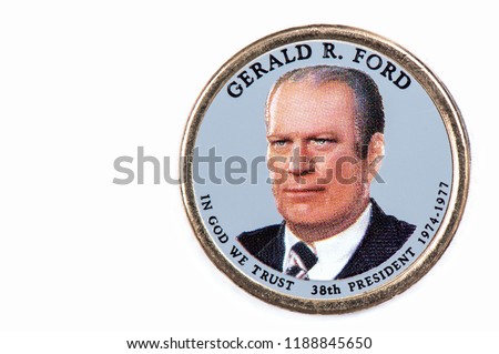 Gerald R. Ford Presidential Dollar, USA coin a portrait image of GERALD R. FORD   IN GOD WE TRUST 38th PRESIDENT 1974-1977, $1 United Staten of Amekica, Close Up UNC Uncirculated - Collection