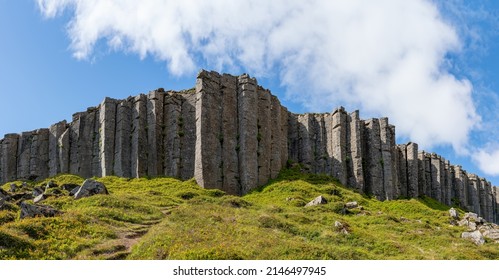Gerduberg basalt columns on the Snaefellsnes Peninsula in Iceland. Gerduberg is a cliff of dolerite, a coarse grained basalt rock, located on western peninsula Snaefellsnes - Shutterstock ID 2146497945