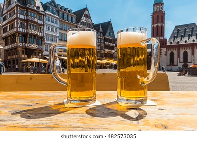 German Beer In Frankfurt City, At The Romerberg Square