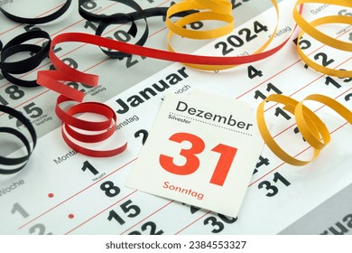 German calendar 2023  December 31 Sunday and January 2024  New Years Eve and Week Monday Tuesday Wednesday Thursday Friday Saturday