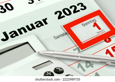 German Calendar 2023  January 1 New Year With Calculator Saturday Sunday 