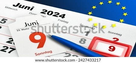 German calendar 2024 June 9  Sunday and EU Flag   Wednesday Thursday Friday Saturday  Week 
