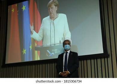 German Chancellor Angela Merkel Is Seen On A Screen During A Connected Via Video News Conference After A Virtual Summit With China's President Xi Jinping, In Brussels, Belgium, 14 September 2020. 