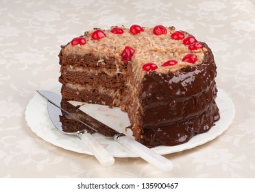 German Chocolate Cake On Platter On Tablecloth