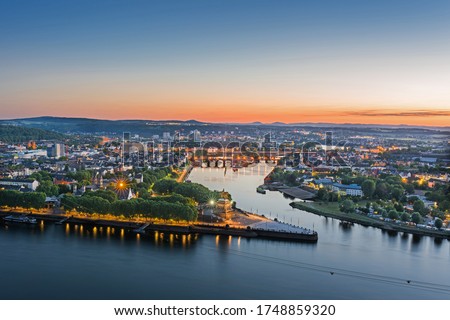 The German Corner (Deutsches Eck) in Koblenz at sunset, Germany