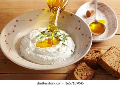 German Cottage Cheese Spread / Dip With Linseed Oil And Bread On Wood