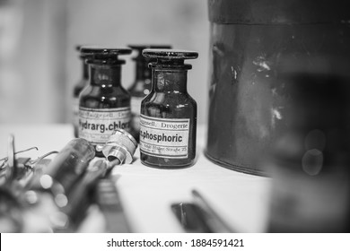 German Deutsch Wehrmacht World War II Times Old Medical Glass Capacity With Medical Solution. Small Vintage Bottles. WWII WW2. Black And White.