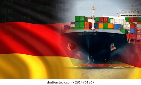 The German flag, a large container ship, and market data illustrate Germany's maritime trade, import and export industry, freight transportation, and economic growth indicators.