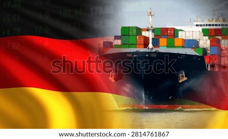 The German flag, a large container ship, and market data illustrate Germany's maritime trade, import and export industry, freight transportation, and economic growth indicators.